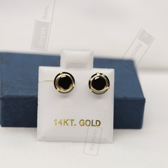 14K Solid Gold Round Stud Earrings With Black Zirconia • Fine Jewelry. - Picture 1 of 6